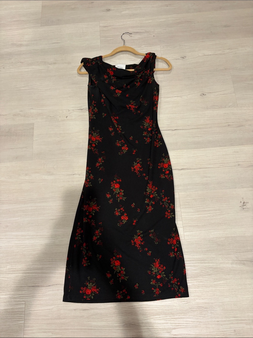 Reformation Black Midi Dress with Red Rose Print